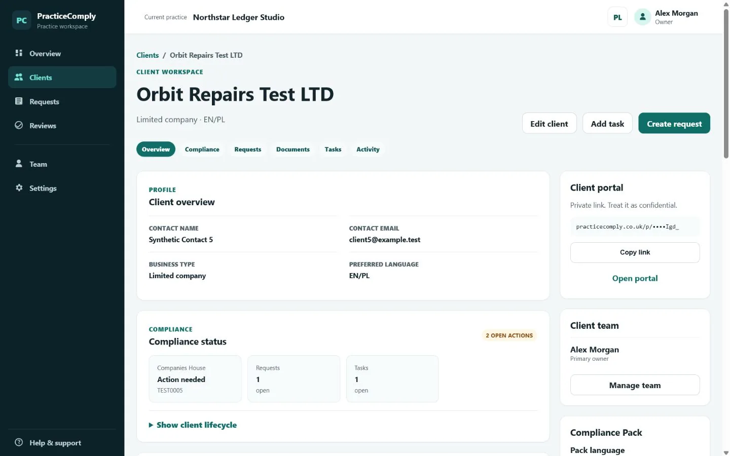 Synthetic PracticeComply client detail workspace